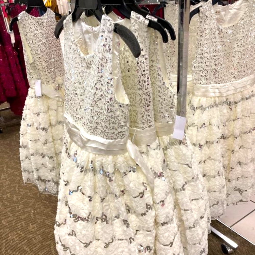 Elegant Holiday White Dress with a roses and designed with sequins